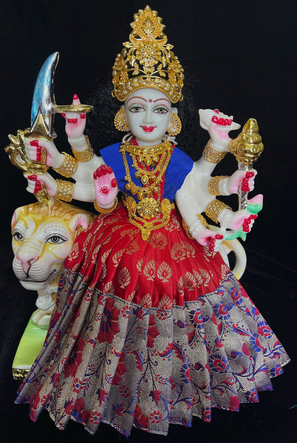 Deity saree / lehenga patka made of Brocade Silk (Pure Silk) - Red Saree with running Gold border and Royal Blue blouse