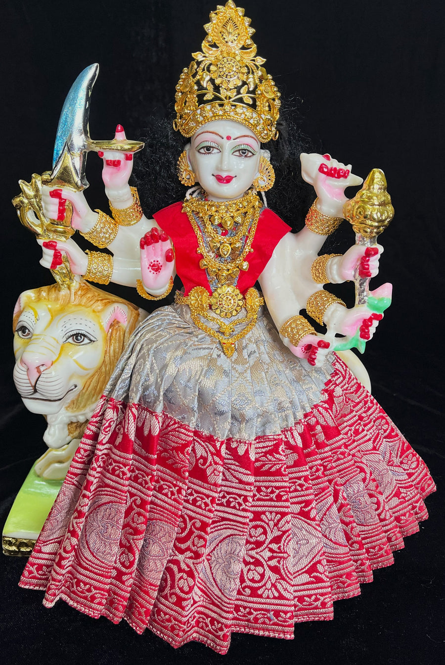 Deity saree / lehenga patka made of Brocade Silk (Pure Silk) - Light Silver Saree with running Red border and blouse