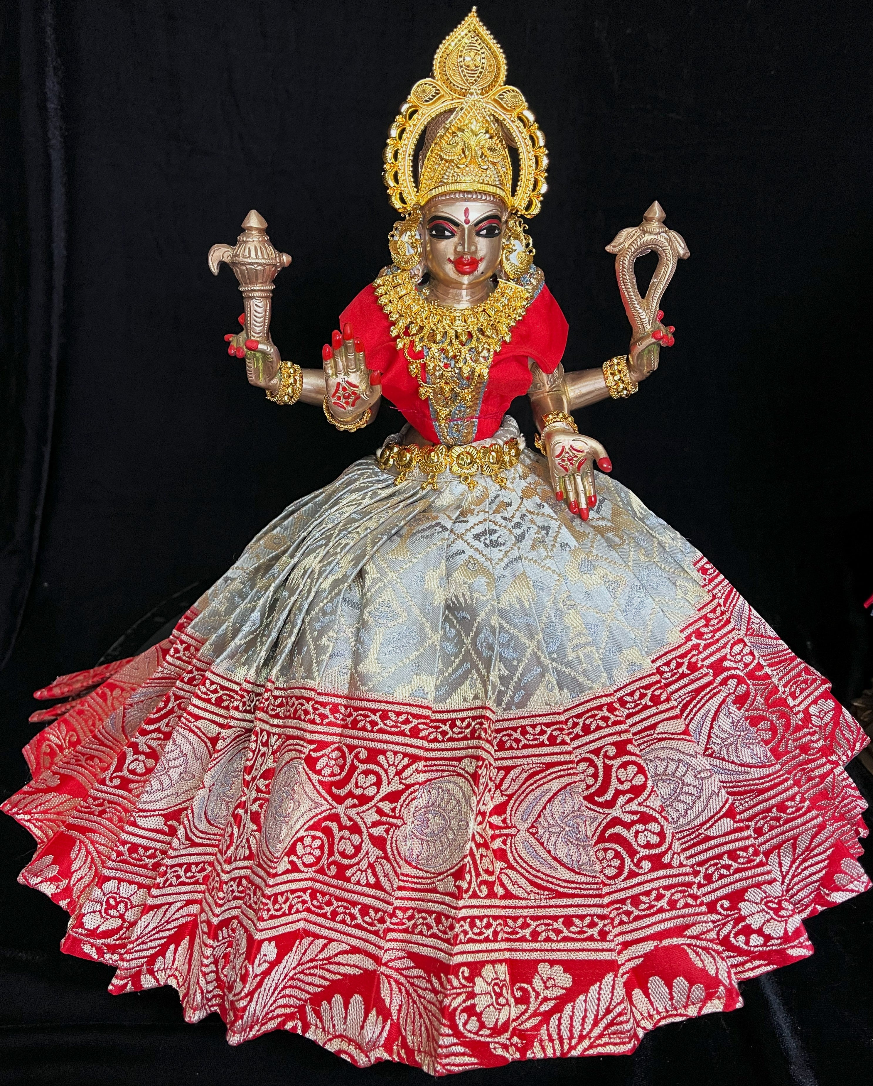 Deity saree / lehenga patka made of Brocade Silk (Pure Silk) - Light Silver Saree with running Red border and blouse 2
