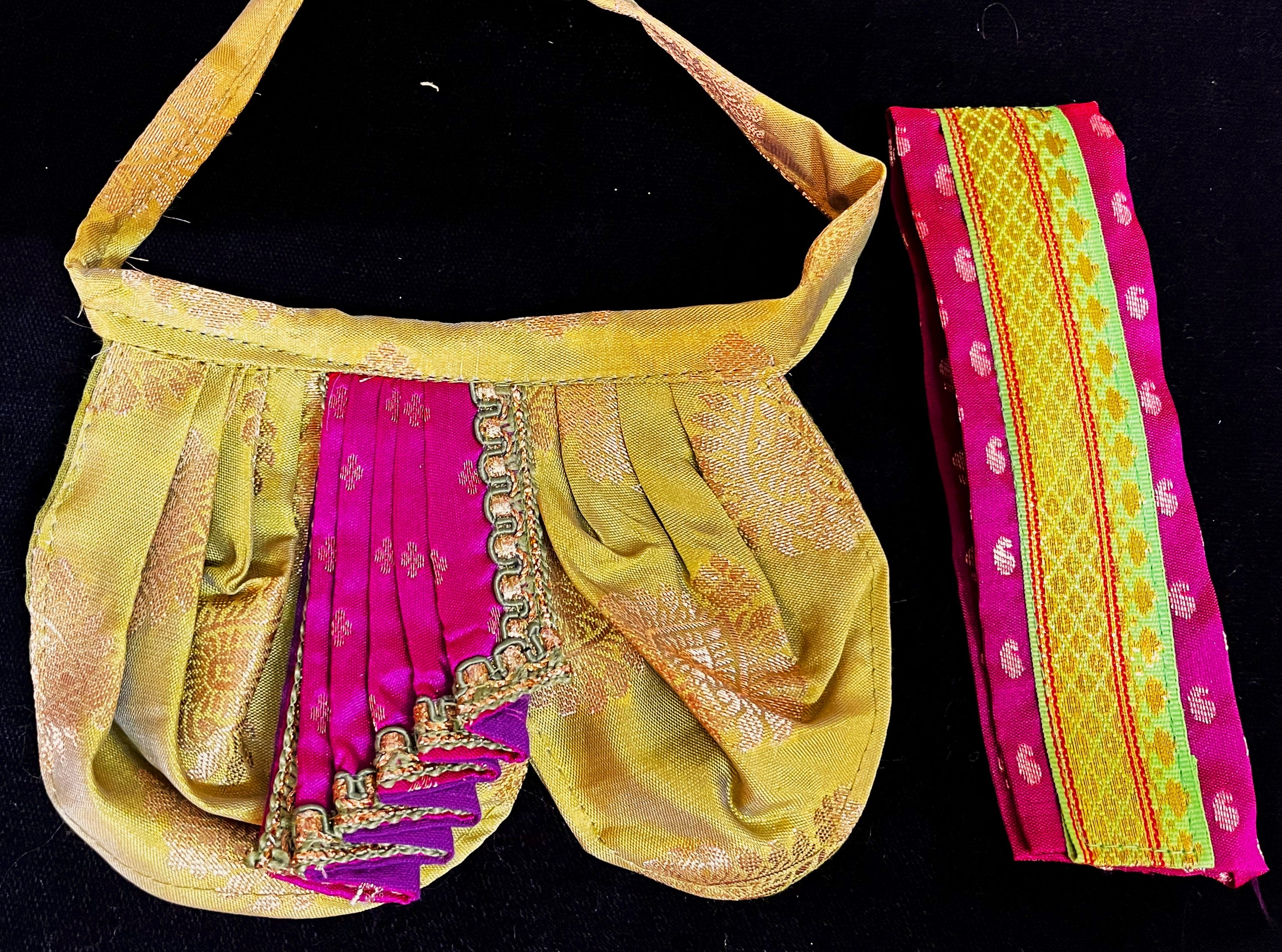 Deity dhoti and patka shalya / Uparna vastra made of Pastel Tapeta Silk Dhoti (Pure Silk) - Sap Green Dhoti with Pink  jari border and Pink shalya 2