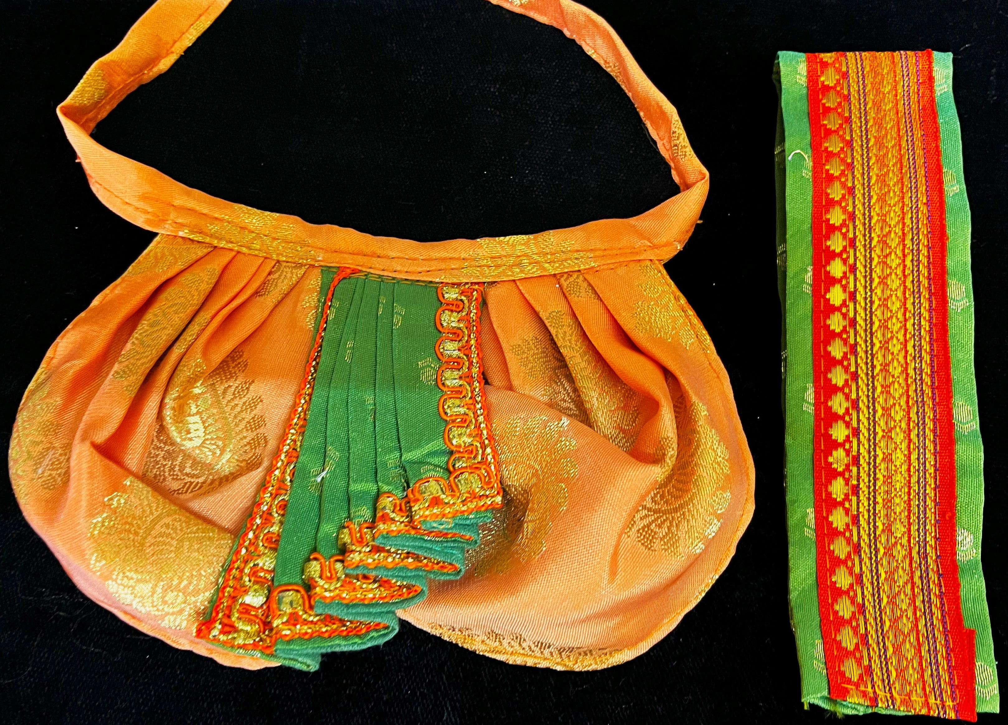 Deity dhoti and patka shalya / Uparna vastra made of Pastel Tapeta Silk Dhoti (Pure Silk) - Pastel Orange Dhoti with Parrot Green jari border and Light Green shalya 2