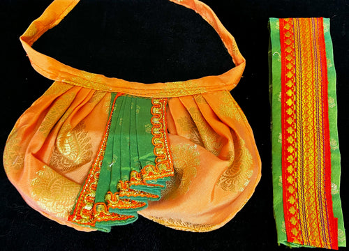 Deity dhoti and patka shalya / Uparna vastra made of Pastel Tapeta Silk Dhoti (Pure Silk) - Pastel Orange Dhoti with Parrot Green jari border and Light Green shalya