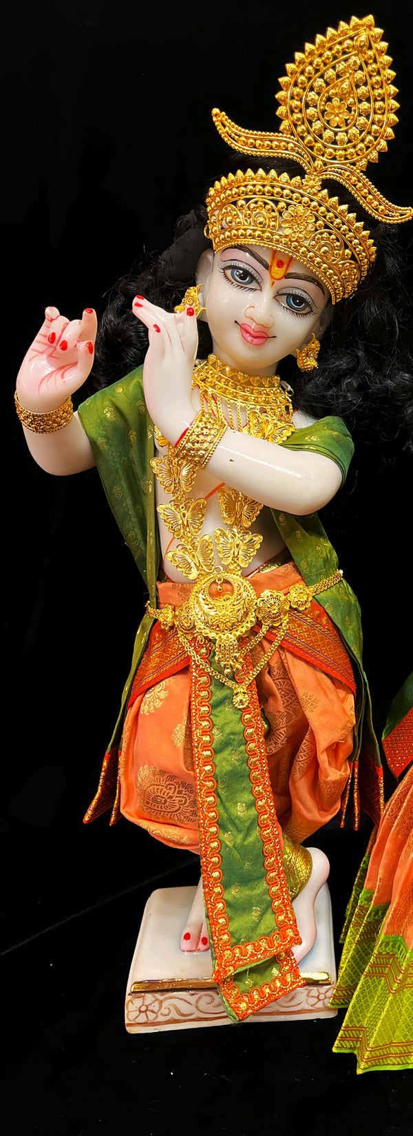 Deity dhoti and patka shalya / Uparna vastra made of Pastel Tapeta Silk Dhoti (Pure Silk) - Pastel Orange Dhoti with Parrot Green jari border and Light Green shalya