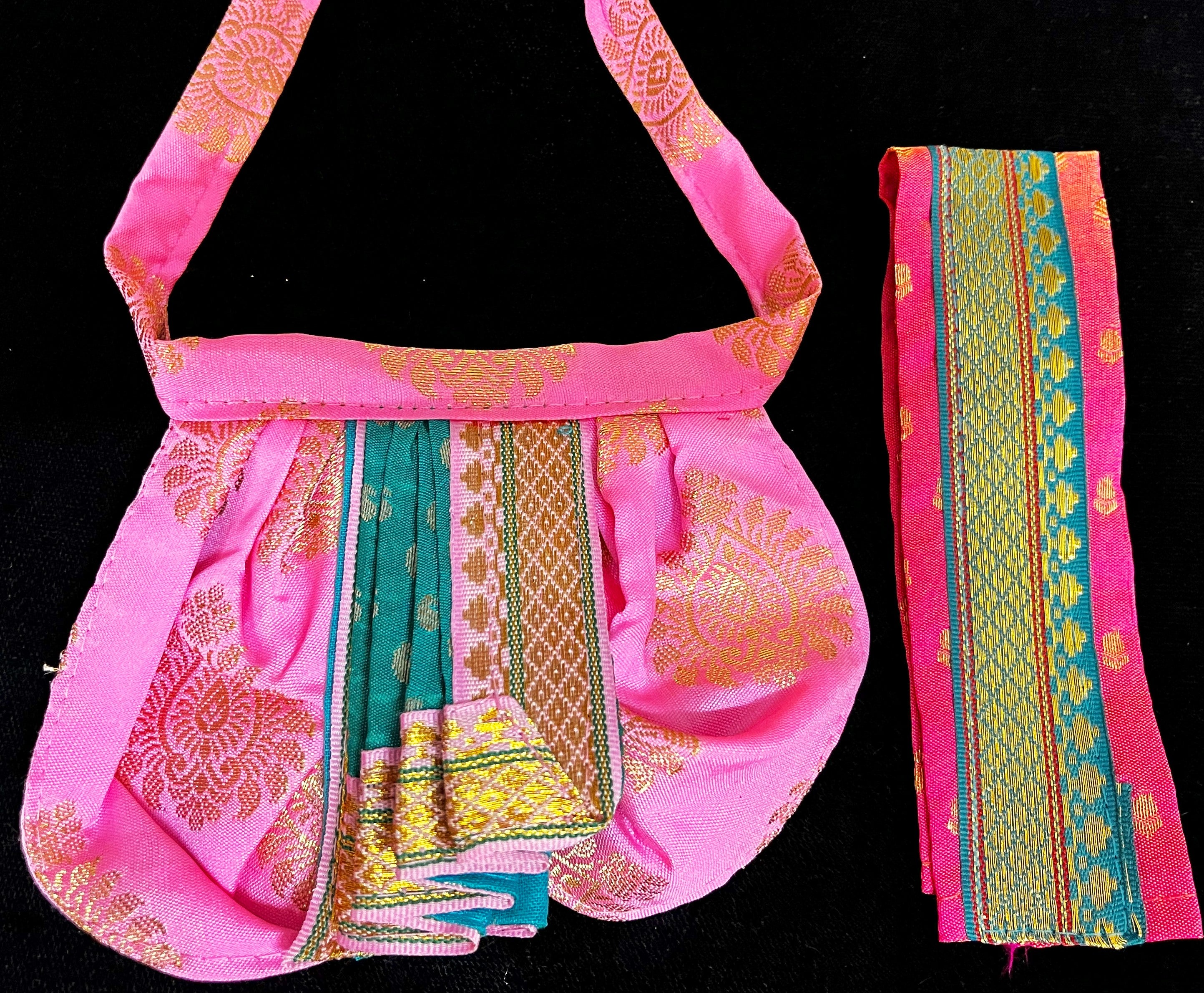 Deity dhoti and patka shalya / Uparna vastra made of Pastel Tapeta Silk Dhoti (Pure Silk) - Pastel pink Dhoti with Teal Green jari border and Teal Green shalya 2