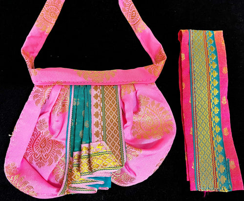 Deity dhoti and patka shalya / Uparna vastra made of Pastel Tapeta Silk Dhoti (Pure Silk) - Pastel pink Dhoti with Teal Green jari border and Teal Green shalya