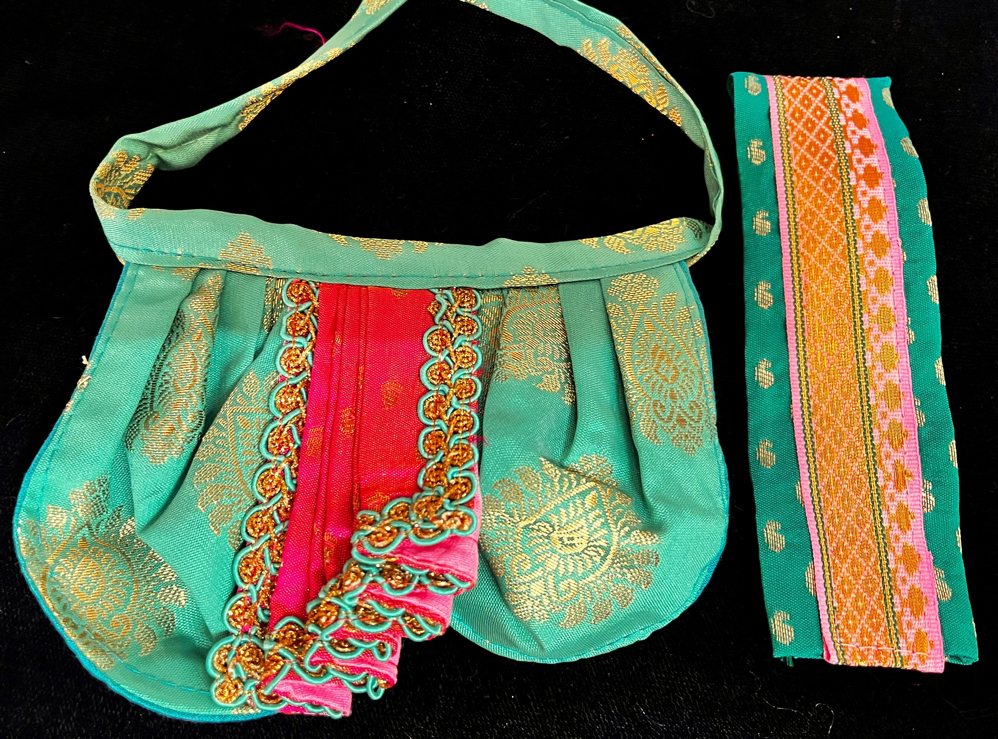 Deity dhoti and patka shalya / Uparna vastra made of Pastel Tapeta Silk Dhoti (Pure Silk) - Teal Green Dhoti with Pink  jari border and Pink shalya 2