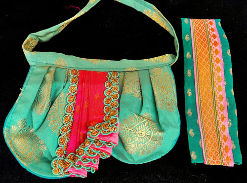 Deity dhoti and patka shalya / Uparna vastra made of Pastel Tapeta Silk Dhoti (Pure Silk) - Teal Green Dhoti with Pink  jari border and Pink shalya