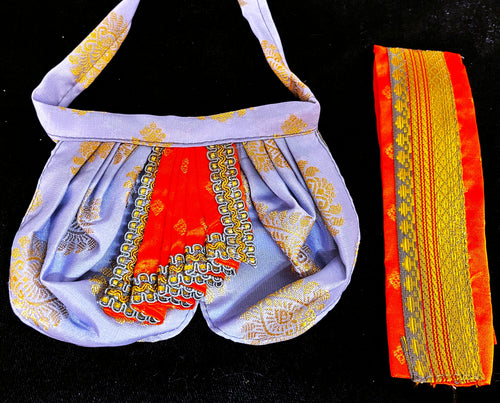 Deity dhoti and patka shalya / Uparna vastra made of Pastel Tapeta Silk Dhoti (Pure Silk) - Cornflower Blue Dhoti with Orange jari border and Orange shalya