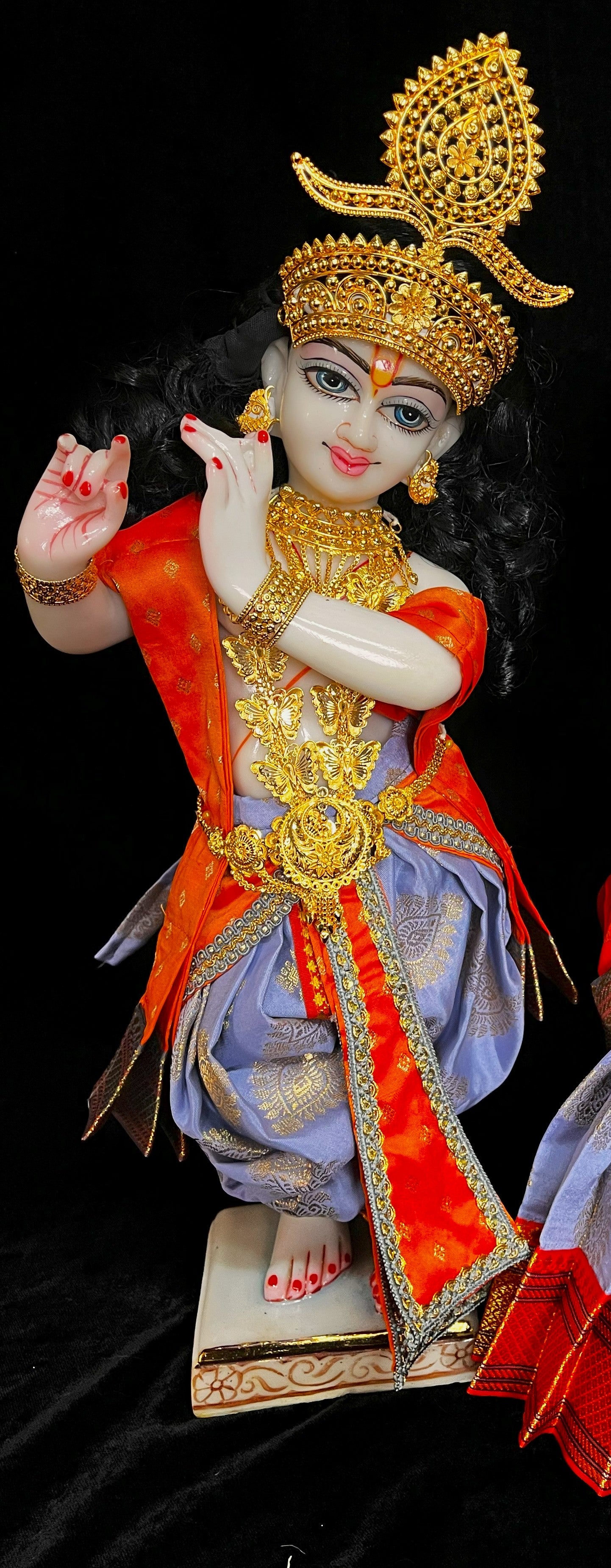Deity dhoti and patka shalya / Uparna vastra made of Pastel Tapeta Silk Dhoti (Pure Silk) - Cornflower Blue Dhoti with Orange jari border and Orange shalya 1