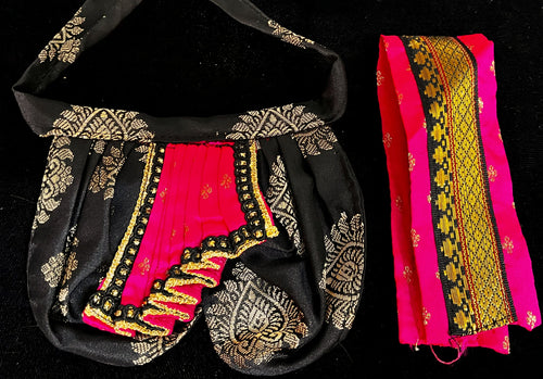 Deity dhoti and patka shalya / Uparna vastra made of Pastel Tapeta Silk Dhoti (Pure Silk) - Black Dhoti with Pink  jari border and Pink shalya