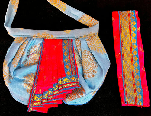 Deity dhoti and patka shalya / Uparna vastra made of Pastel Tapeta Silk Dhoti (Pure Silk) - Pastel Blue Dhoti with Pink  jari border and Pink shalya
