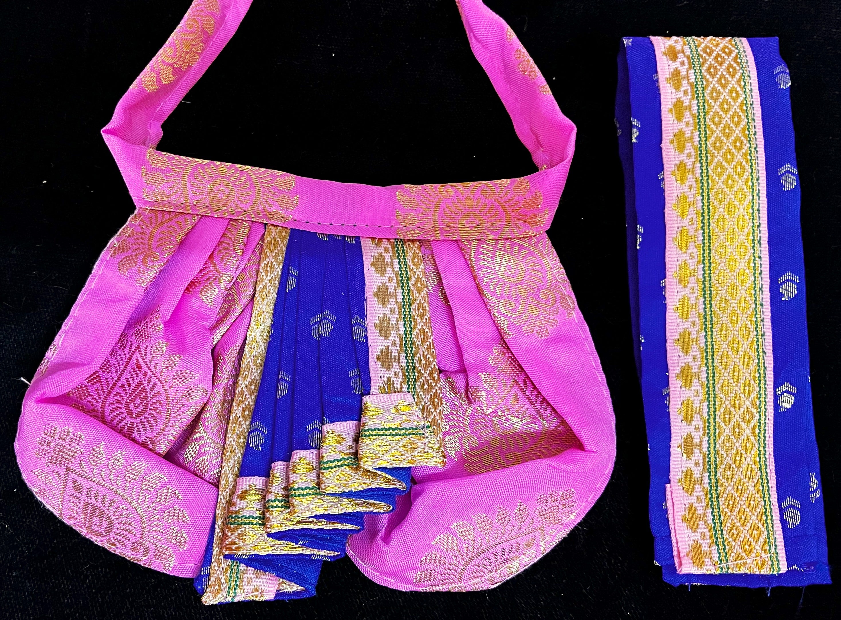 Deity dhoti and patka shalya / Uparna vastra made of Pastel Tapeta Silk Dhoti (Pure Silk) - Light Pink Dhoti with Blue  jari border and Blue shalya 2
