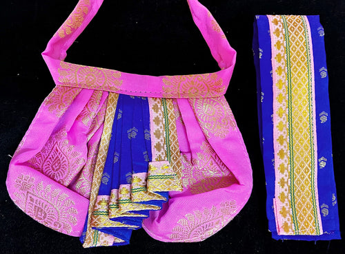 Deity dhoti and patka shalya / Uparna vastra made of Pastel Tapeta Silk Dhoti (Pure Silk) - Light Pink Dhoti with Blue  jari border and Blue shalya