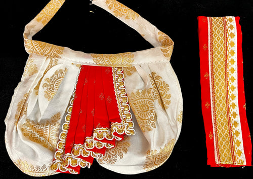 Deity dhoti and patka shalya / Uparna vastra made of Pastel Tapeta Silk Dhoti (Pure Silk) - White Dhoti with Red jari border and Red shalya