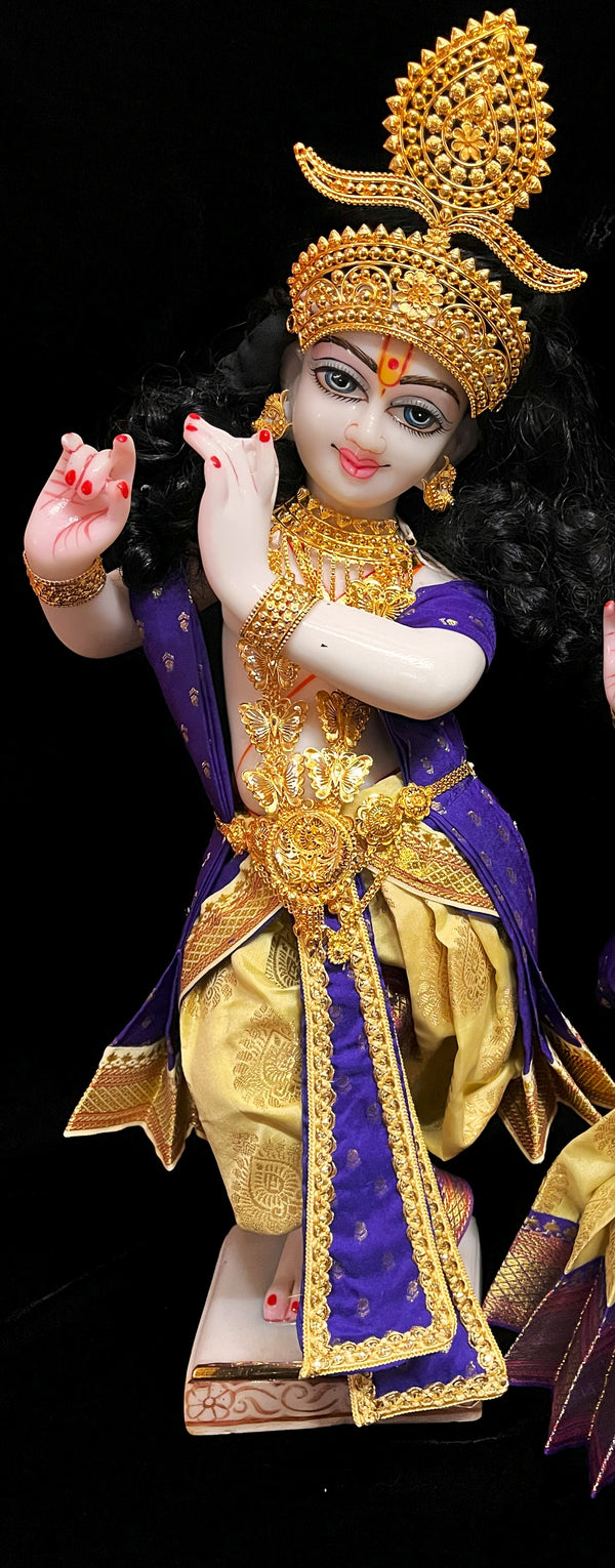 Deity dhoti and patka shalya / Uparna vastra made of Pastel Tapeta Silk Dhoti (Pure Silk) - Off white Dhoti with Purple  jari border and Purple shalya