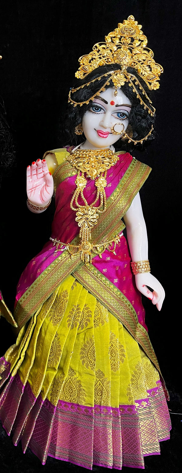 Deity half saree / lehenga patka made of Pastel Tapeta Silk Saree (Pure Silk) - Sap Green Lehenga with Pink  jari border and Pink dupatta