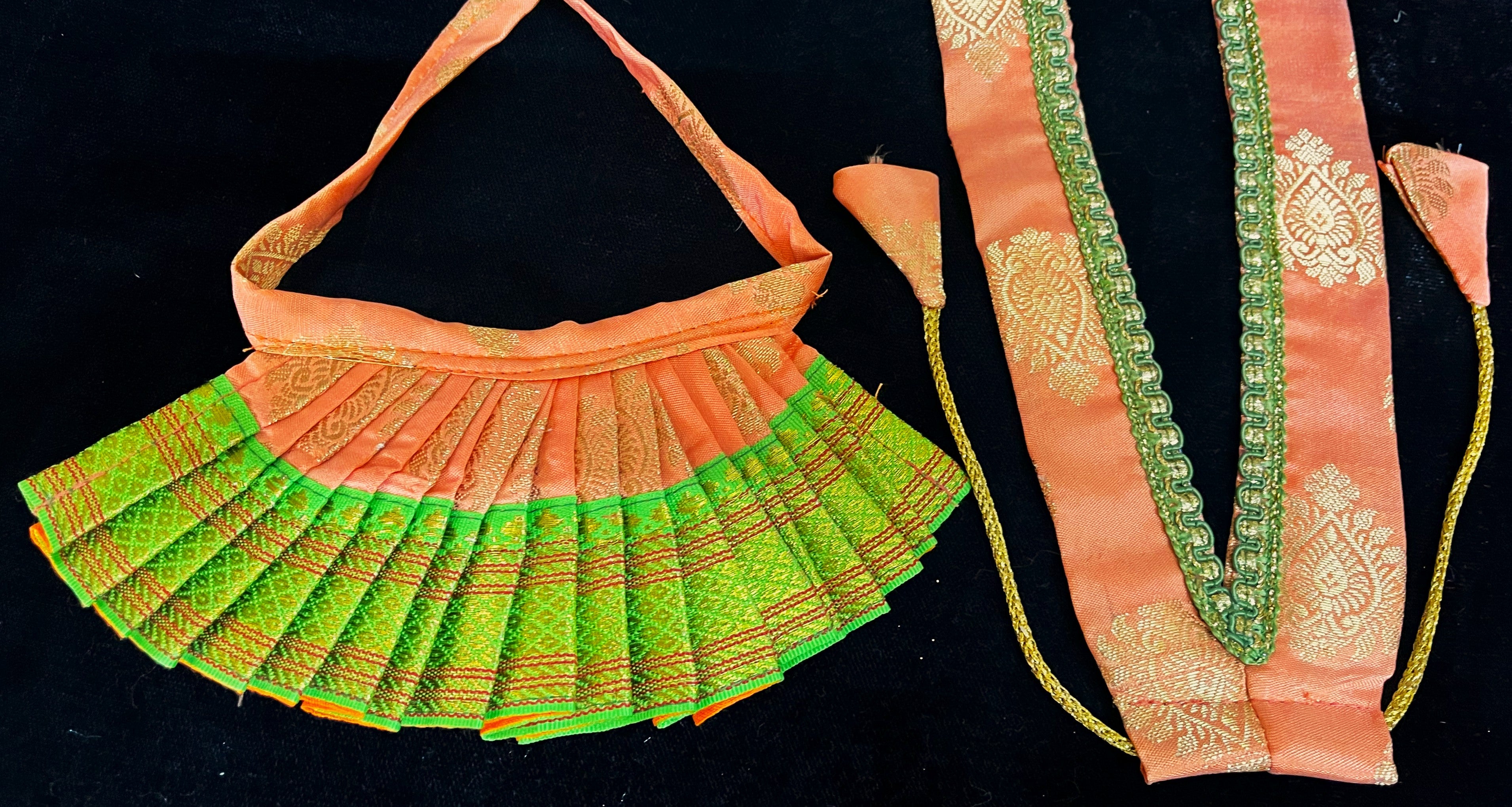 Deity half saree / lehenga patka made of Pastel Tapeta Silk Saree (Pure Silk) - Pastel Orange Lehenga with Parrot Green jari border and Light Green dupatta 2