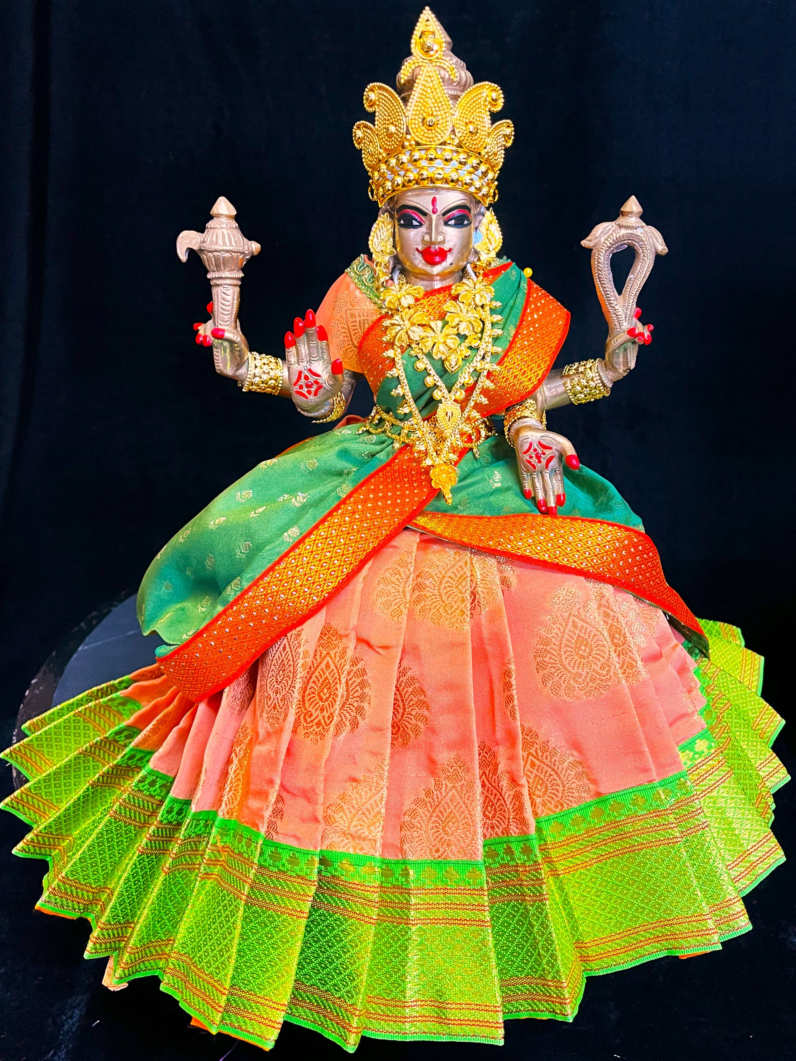 Deity half saree / lehenga patka made of Pastel Tapeta Silk Saree (Pure Silk) - Pastel Orange Lehenga with Parrot Green jari border and Light Green dupatta 4