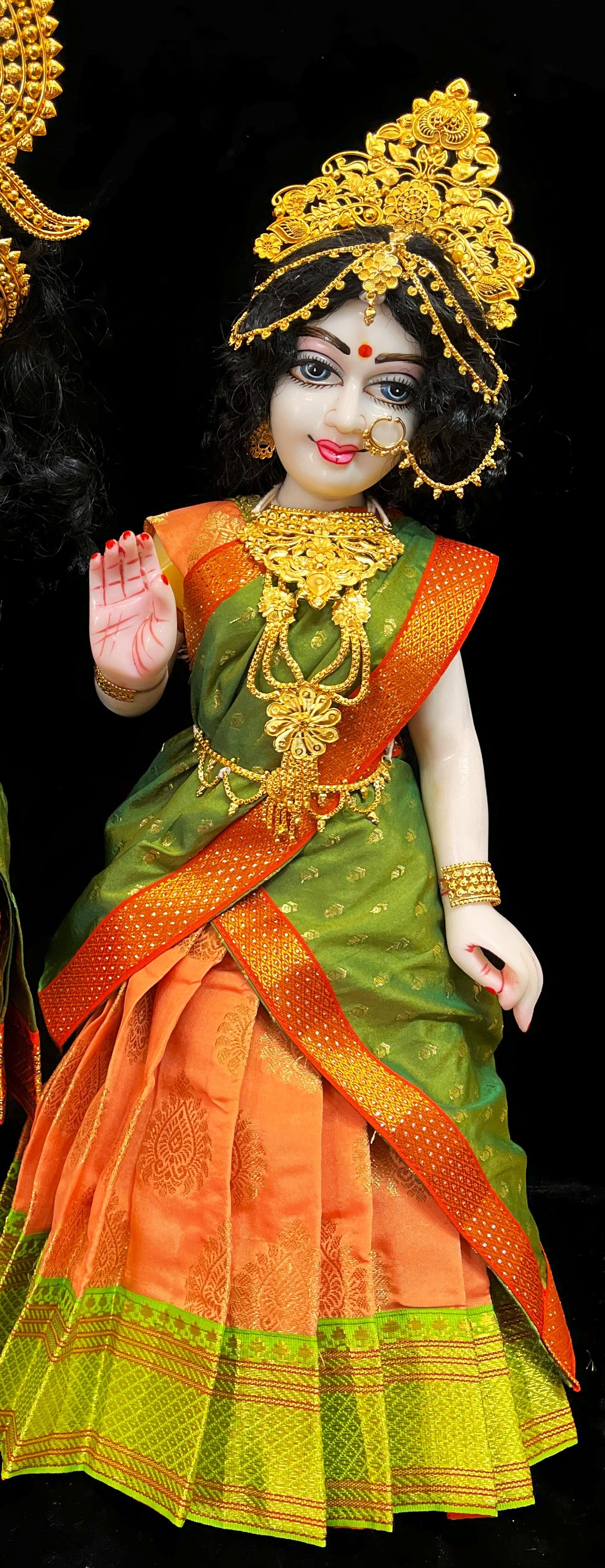 Deity half saree / lehenga patka made of Pastel Tapeta Silk Saree (Pure Silk) - Pastel Orange Lehenga with Parrot Green jari border and Light Green dupatta 1
