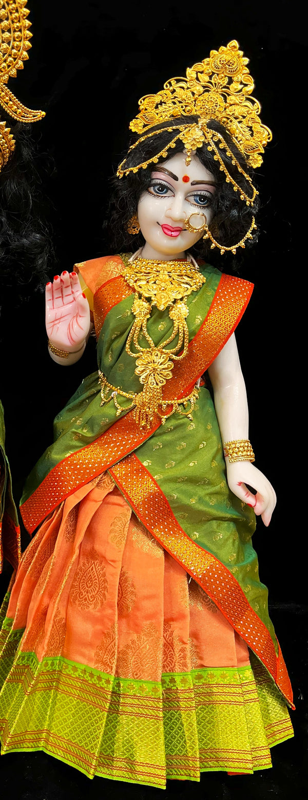 Deity half saree / lehenga patka made of Pastel Tapeta Silk Saree (Pure Silk) - Pastel Orange Lehenga with Parrot Green jari border and Light Green dupatta