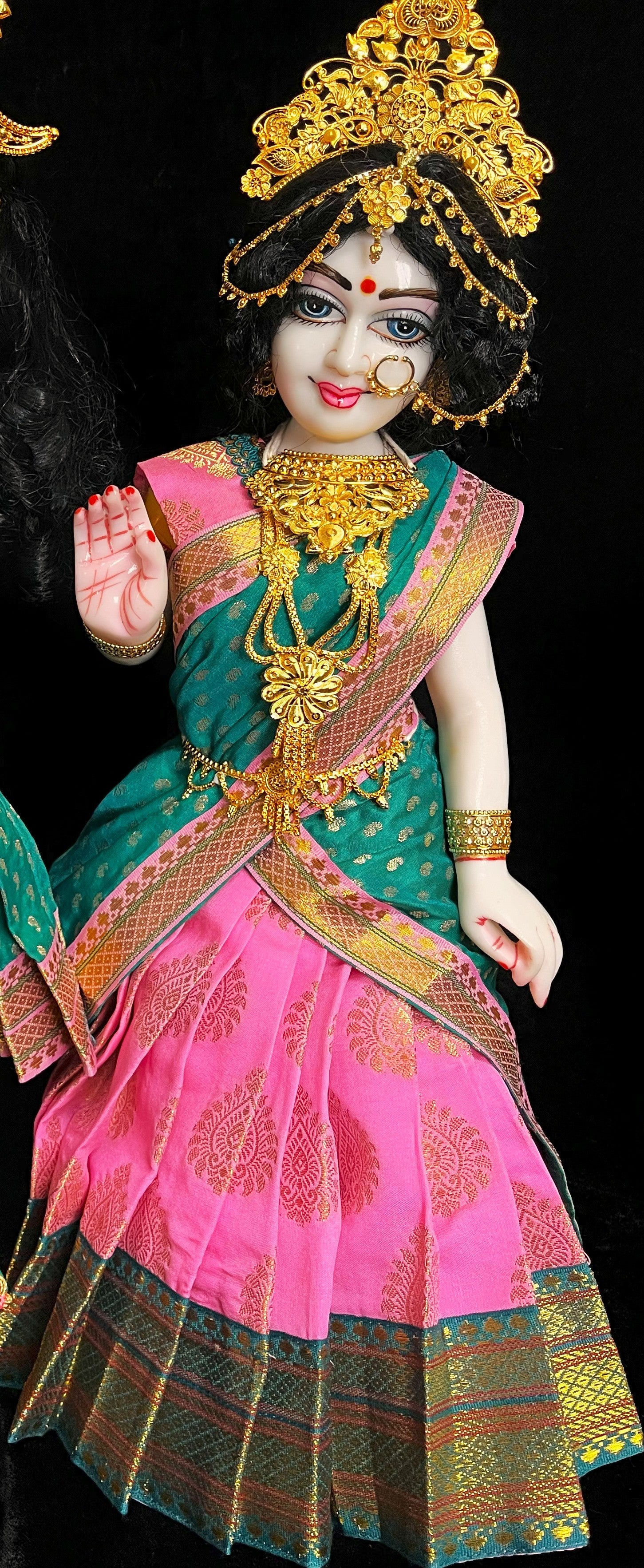 Deity half saree / lehenga patka made of Pastel Tapeta Silk Saree (Pure Silk) - Pastel pink Lehenga with Teal Green jari border and Teal Green dupatta 1