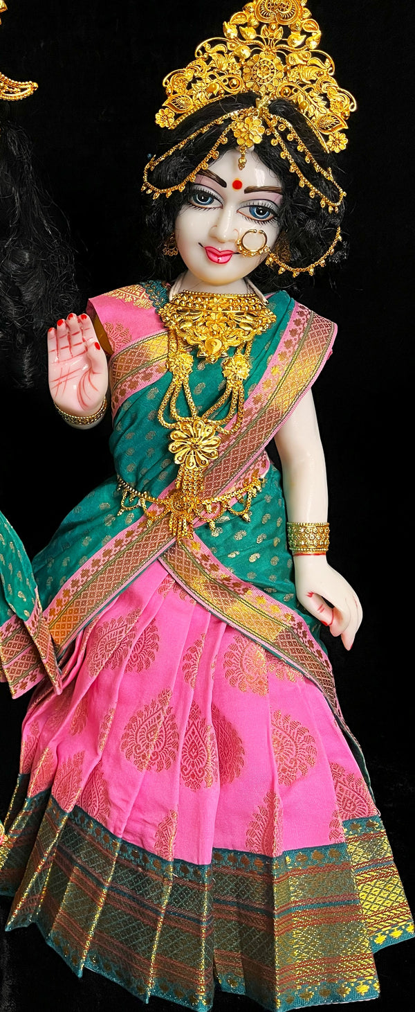 Deity half saree / lehenga patka made of Pastel Tapeta Silk Saree (Pure Silk) - Pastel pink Lehenga with Teal Green jari border and Teal Green dupatta