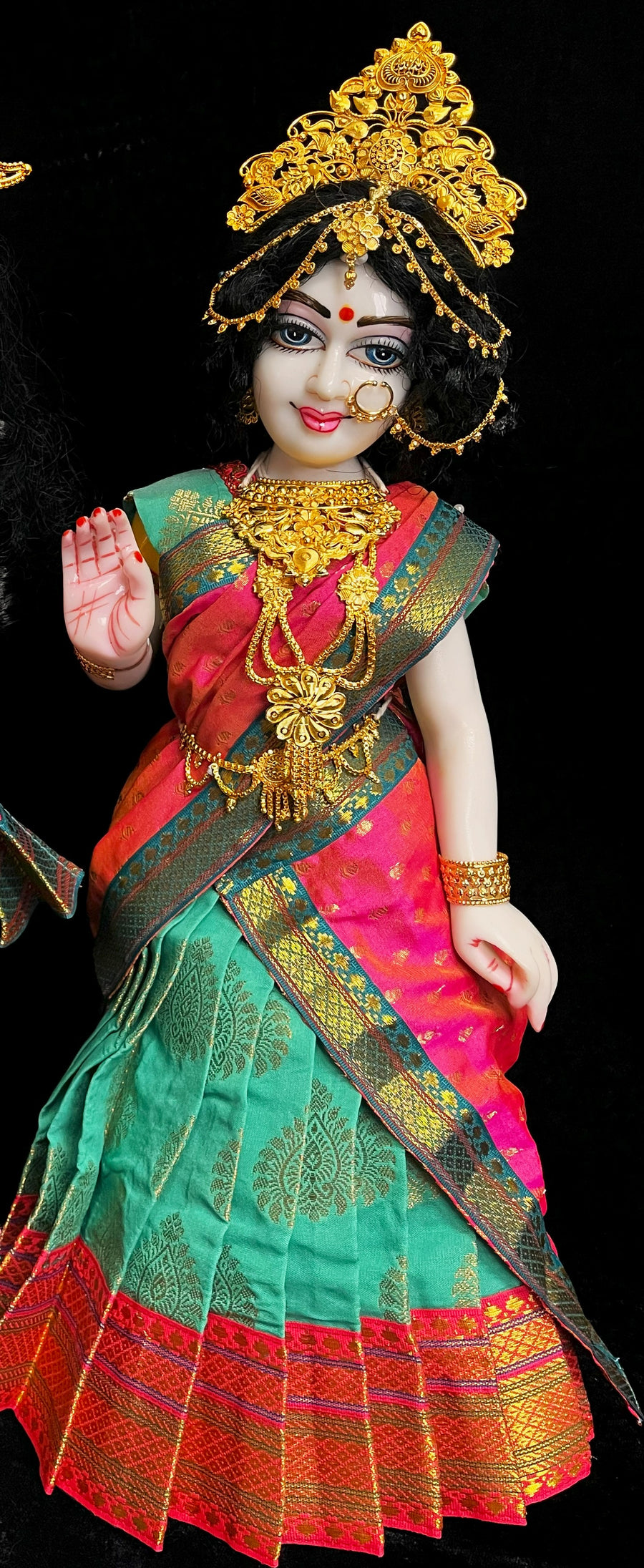Deity half saree / lehenga patka made of Pastel Tapeta Silk Saree (Pure Silk) - Teal Green Lehenga with Pink  jari border and Pink dupatta