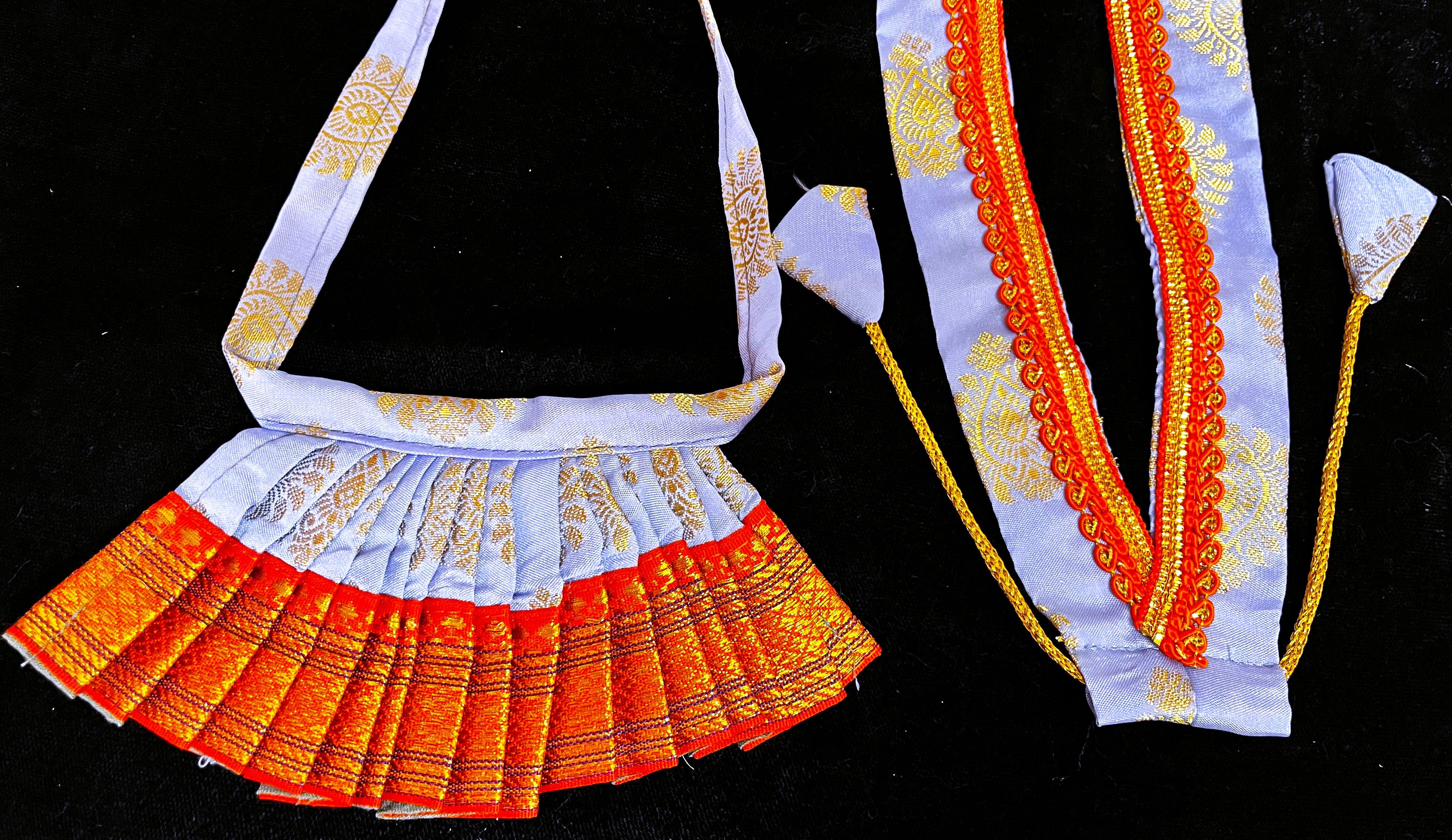 Deity half saree / lehenga patka made of Pastel Tapeta Silk Saree (Pure Silk) - Cornflower Blue Lehenga with Orange jari border and Orange dupatta 2