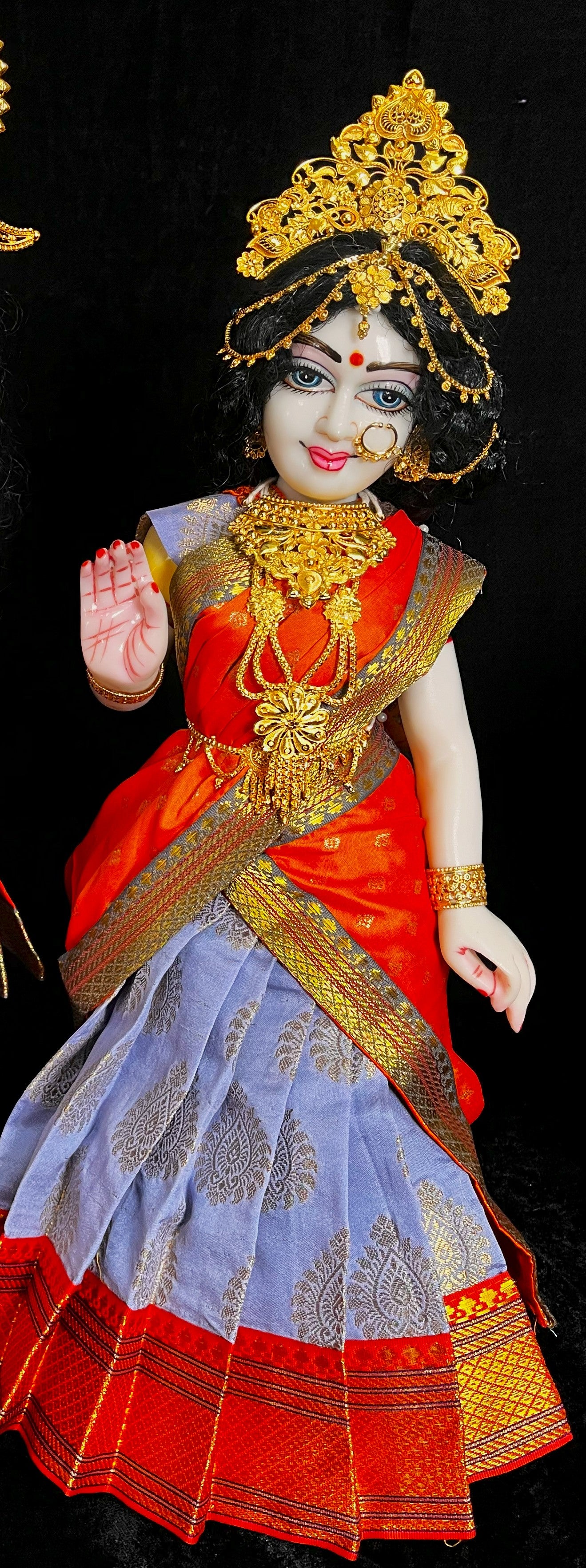 Deity half saree / lehenga patka made of Pastel Tapeta Silk Saree (Pure Silk) - Cornflower Blue Lehenga with Orange jari border and Orange dupatta 1