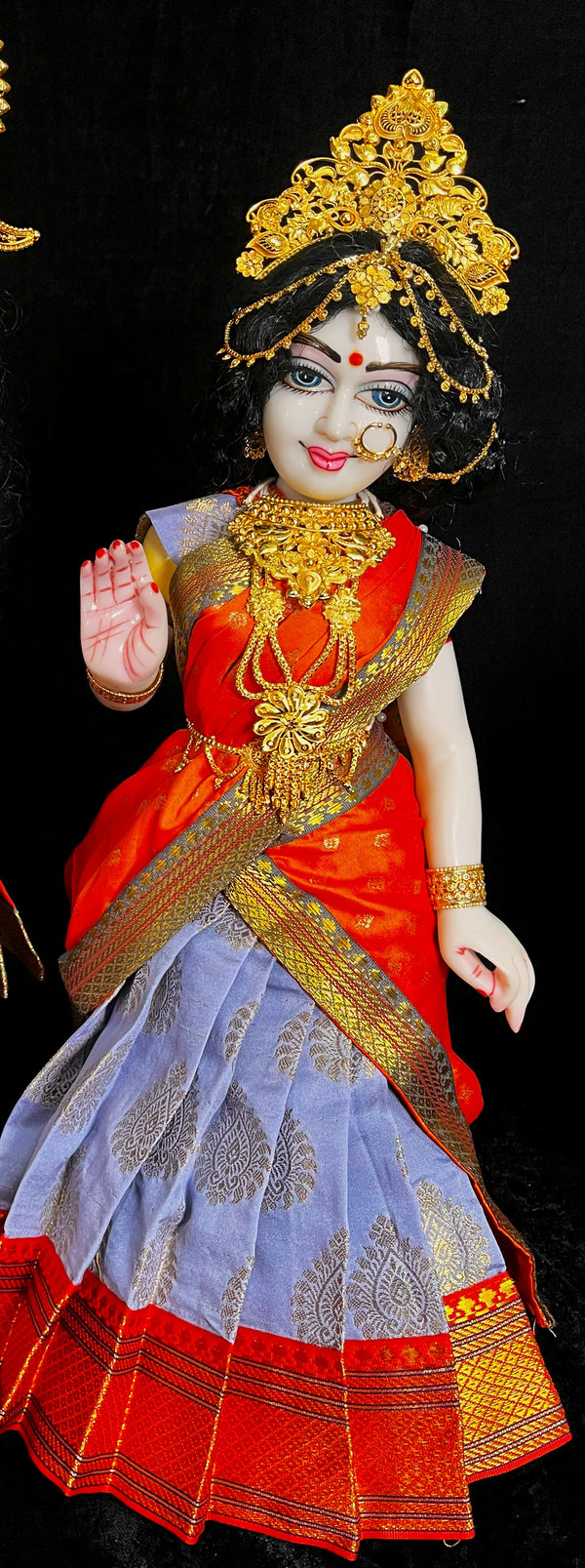 Deity half saree / lehenga patka made of Pastel Tapeta Silk Saree (Pure Silk) - Cornflower Blue Lehenga with Orange jari border and Orange dupatta