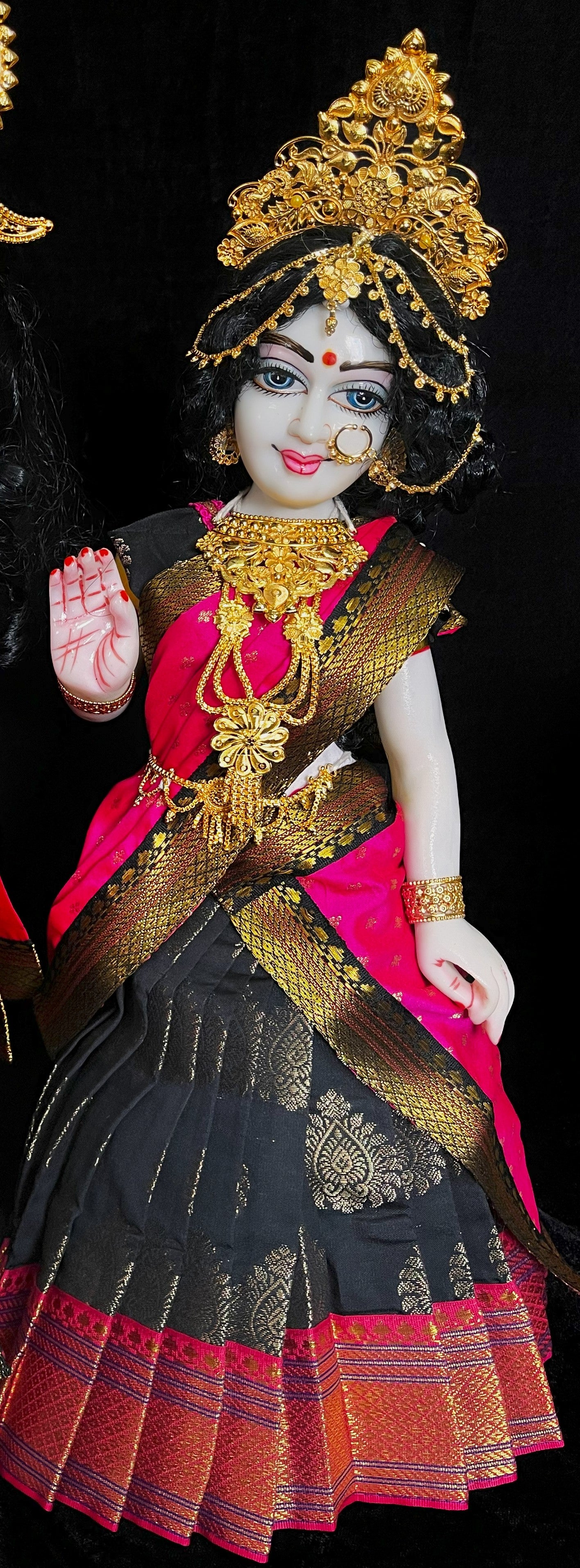 Deity half saree / lehenga patka made of Pastel Tapeta Silk Saree (Pure Silk) - Black Lehenga with Pink  jari border and Pink dupatta 1