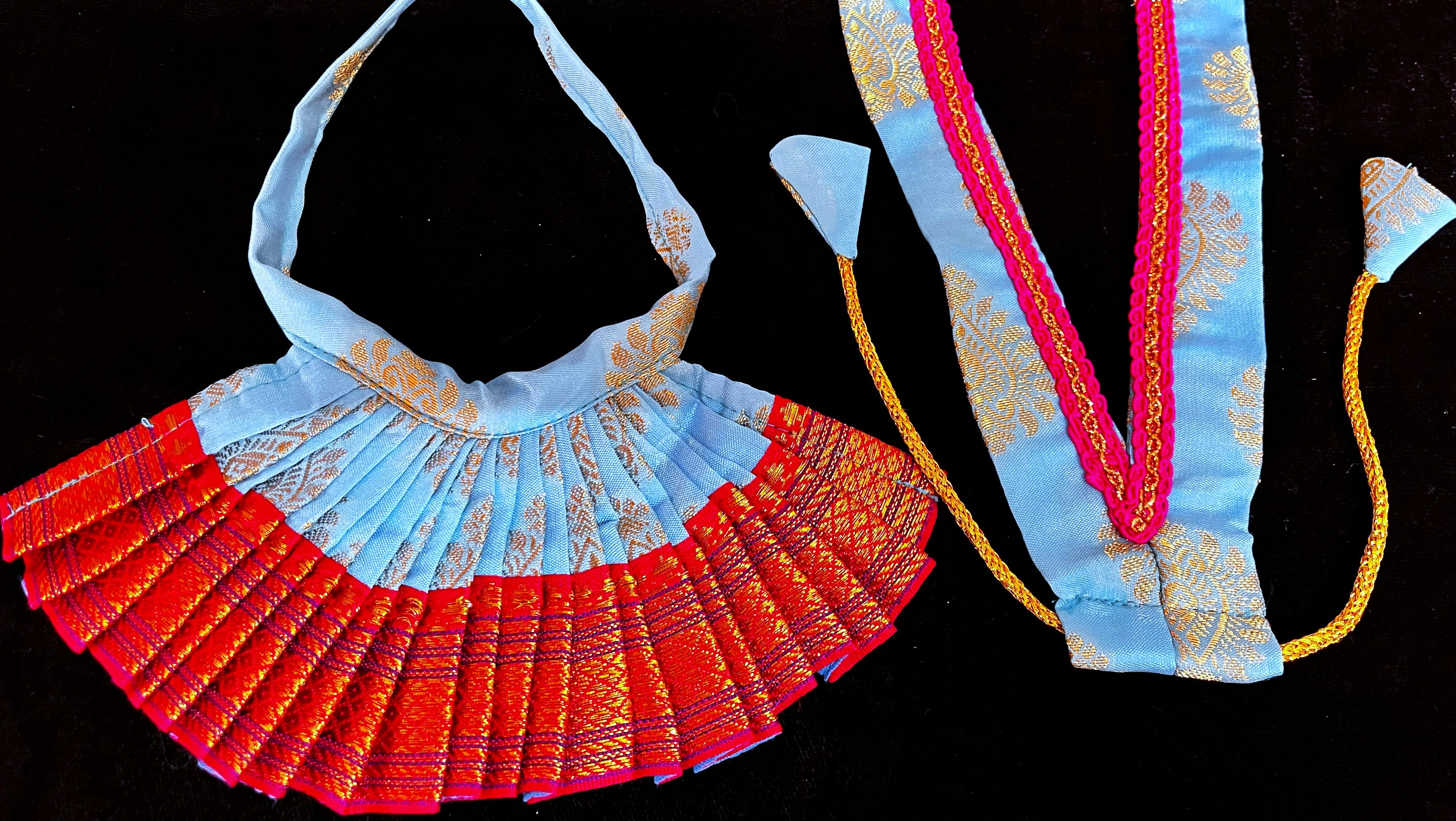 Deity half saree / lehenga patka made of Pastel Tapeta Silk Saree (Pure Silk) - Pastel Blue Lehenga with Pink  jari border and Pink dupatta 2
