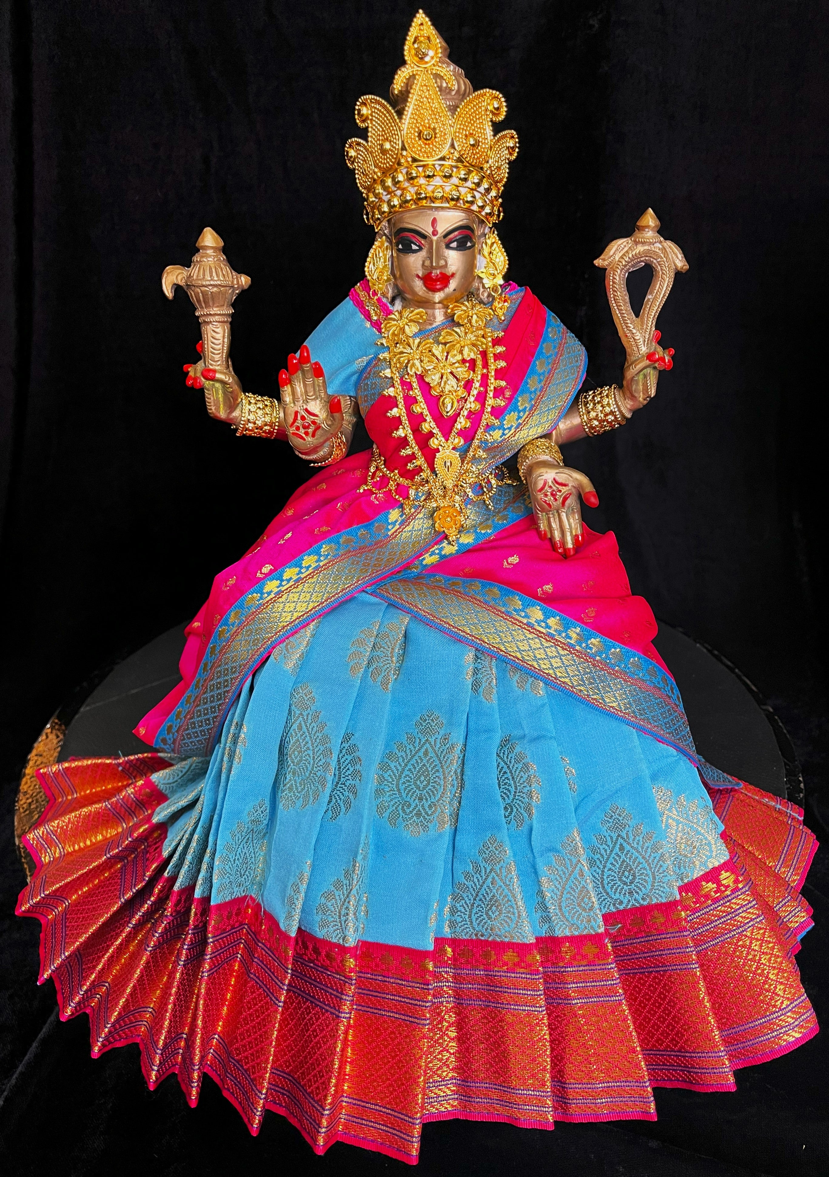 Deity half saree / lehenga patka made of Pastel Tapeta Silk Saree (Pure Silk) - Pastel Blue Lehenga with Pink  jari border and Pink dupatta 4