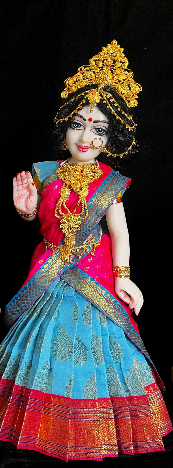 Deity half saree / lehenga patka made of Pastel Tapeta Silk Saree (Pure Silk) - Pastel Blue Lehenga with Pink  jari border and Pink dupatta
