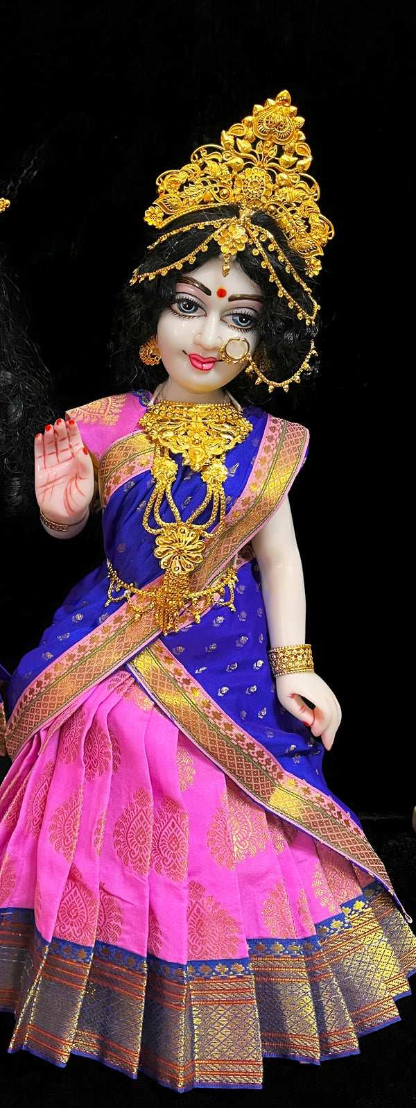 Deity half saree / lehenga patka made of Pastel Tapeta Silk Saree (Pure Silk) - Light Pink Lehenga with Blue  jari border and Blue dupatta