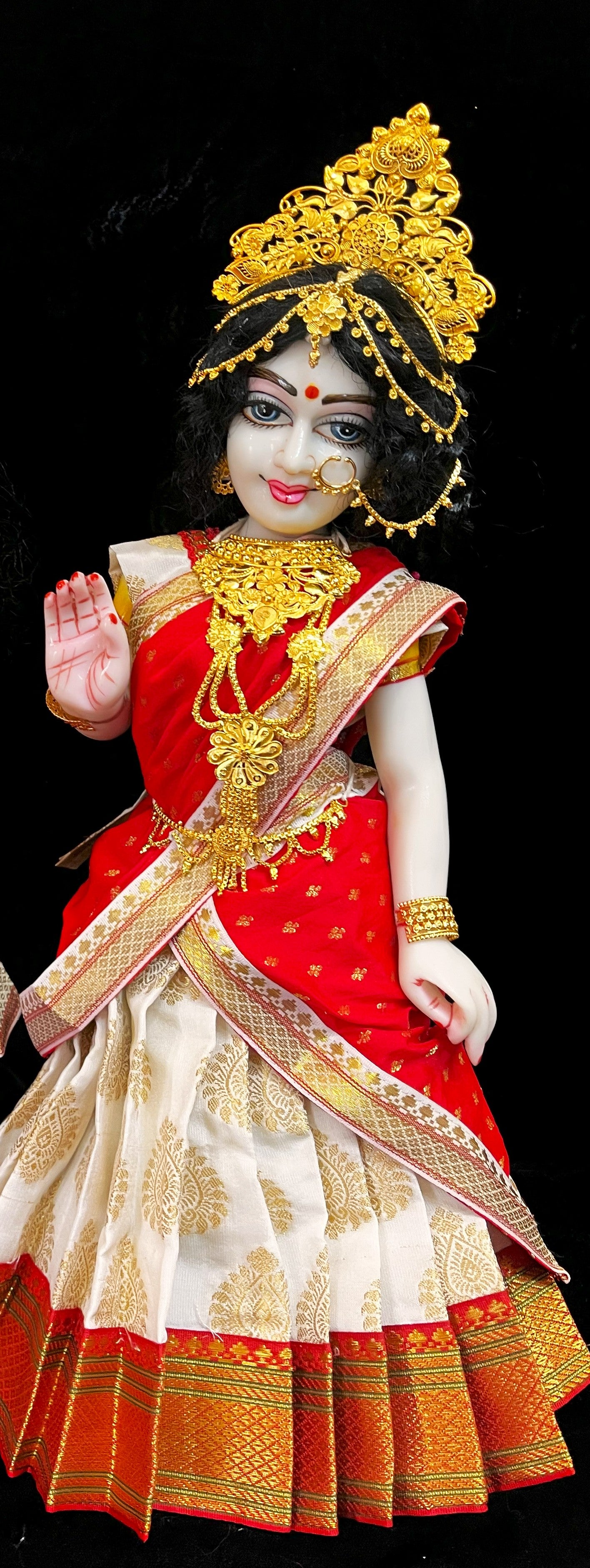 Deity half saree / lehenga patka made of Pastel Tapeta Silk Saree (Pure Silk) - White Lehenga with Red jari border and Red dupatta 1