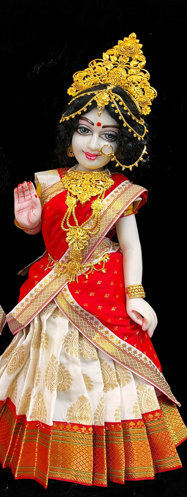 Deity half saree / lehenga patka made of Pastel Tapeta Silk Saree (Pure Silk) - White Lehenga with Red jari border and Red dupatta
