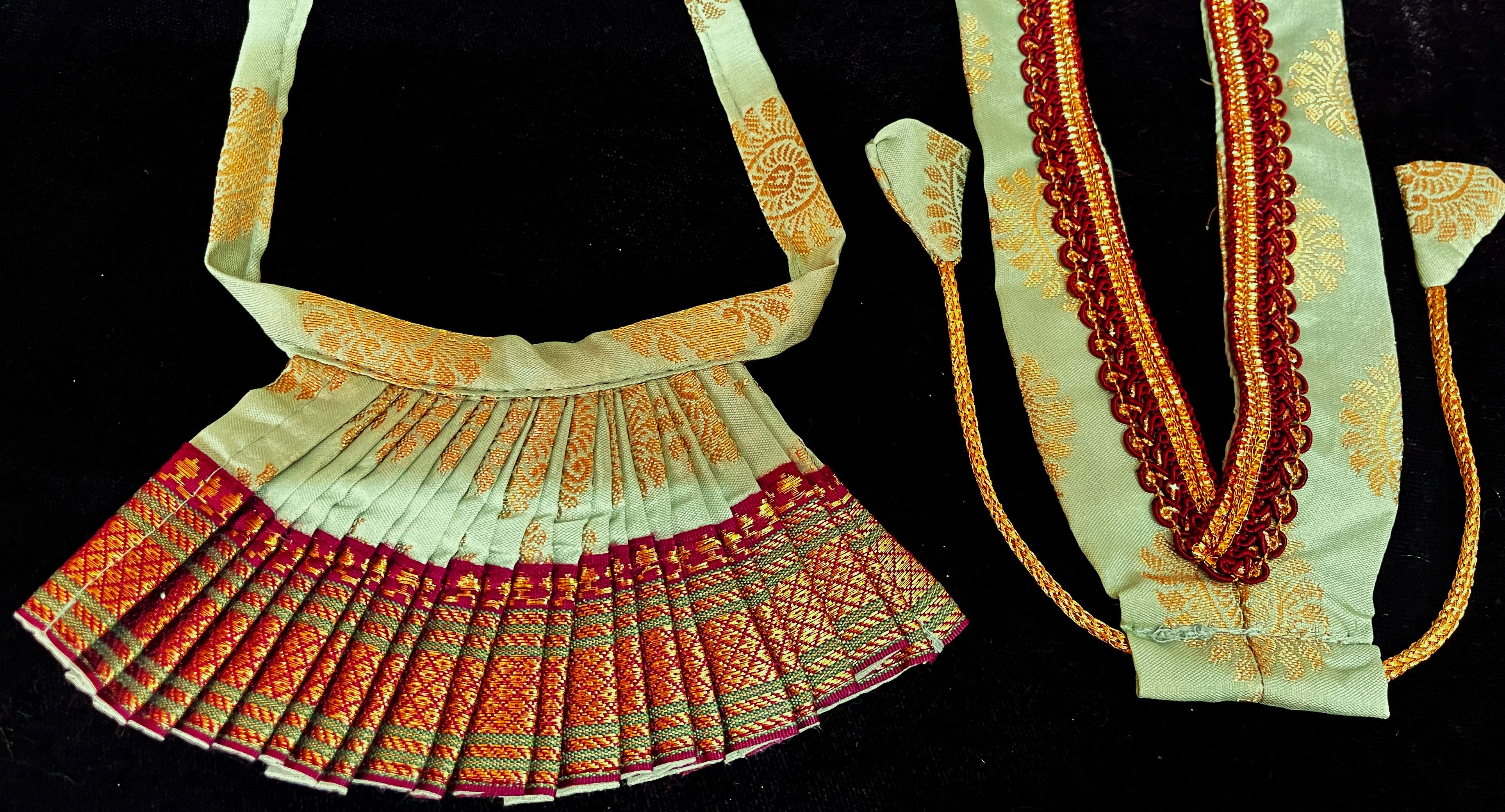 Deity half saree / lehenga patka made of Pastel Tapeta Silk Saree (Pure Silk) - Pastel Green Lehenga with Brown  jari border and Brown dupatta 2