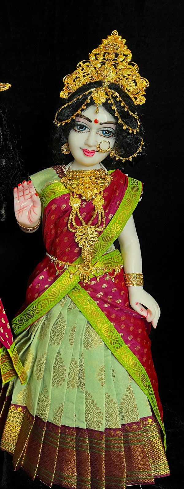 Deity half saree / lehenga patka made of Pastel Tapeta Silk Saree (Pure Silk) - Pastel Green Lehenga with Brown  jari border and Brown dupatta