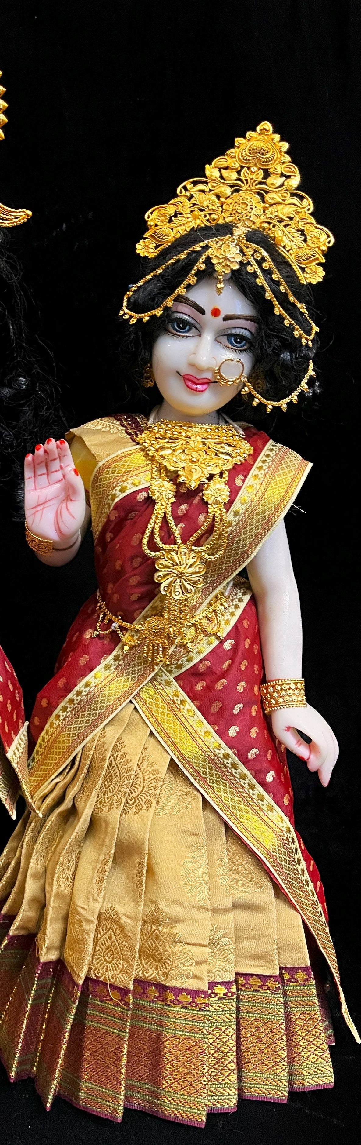 Deity half saree / lehenga patka made of Pastel Tapeta Silk Saree (Pure Silk) - Pastel Gold Lehenga with brown jari border and brown dupatta 1