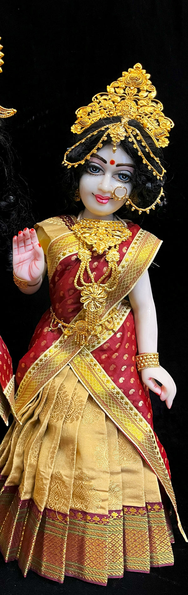 Deity half saree / lehenga patka made of Pastel Tapeta Silk Saree (Pure Silk) - Pastel Gold Lehenga with brown jari border and brown dupatta