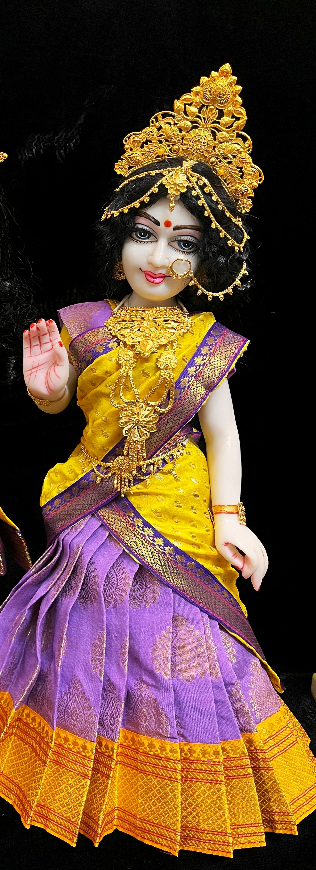 Deity half saree / lehenga patka made of Pastel Tapeta Silk Saree (Pure Silk) - Lavender Lehenga with yellow  jari border and yellow dupatta 1