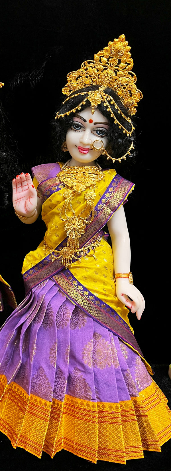 Deity half saree / lehenga patka made of Pastel Tapeta Silk Saree (Pure Silk) - Lavender Lehenga with yellow  jari border and yellow dupatta