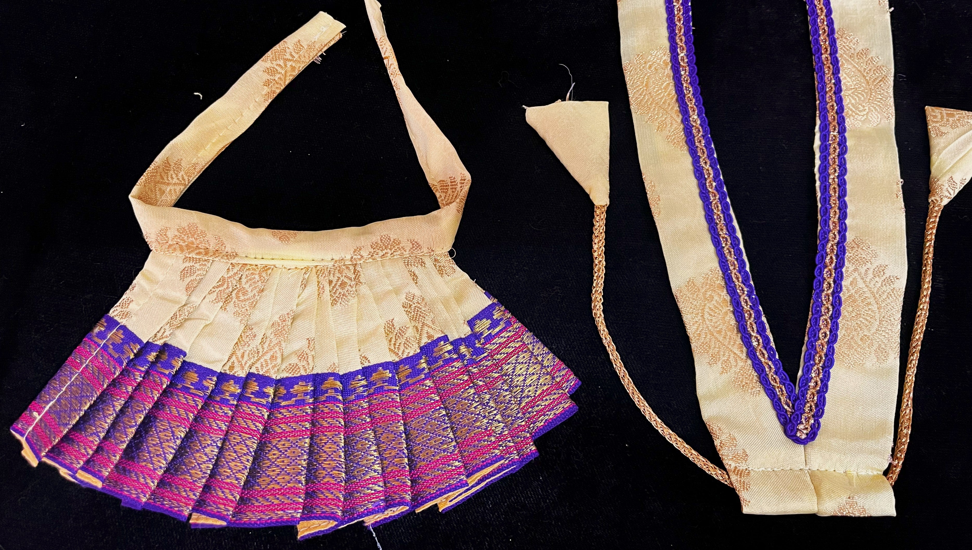 Deity half saree / lehenga patka made of Pastel Tapeta Silk Saree (Pure Silk) - Off white Lehenga with Purple  jari border and Purple dupatta 2