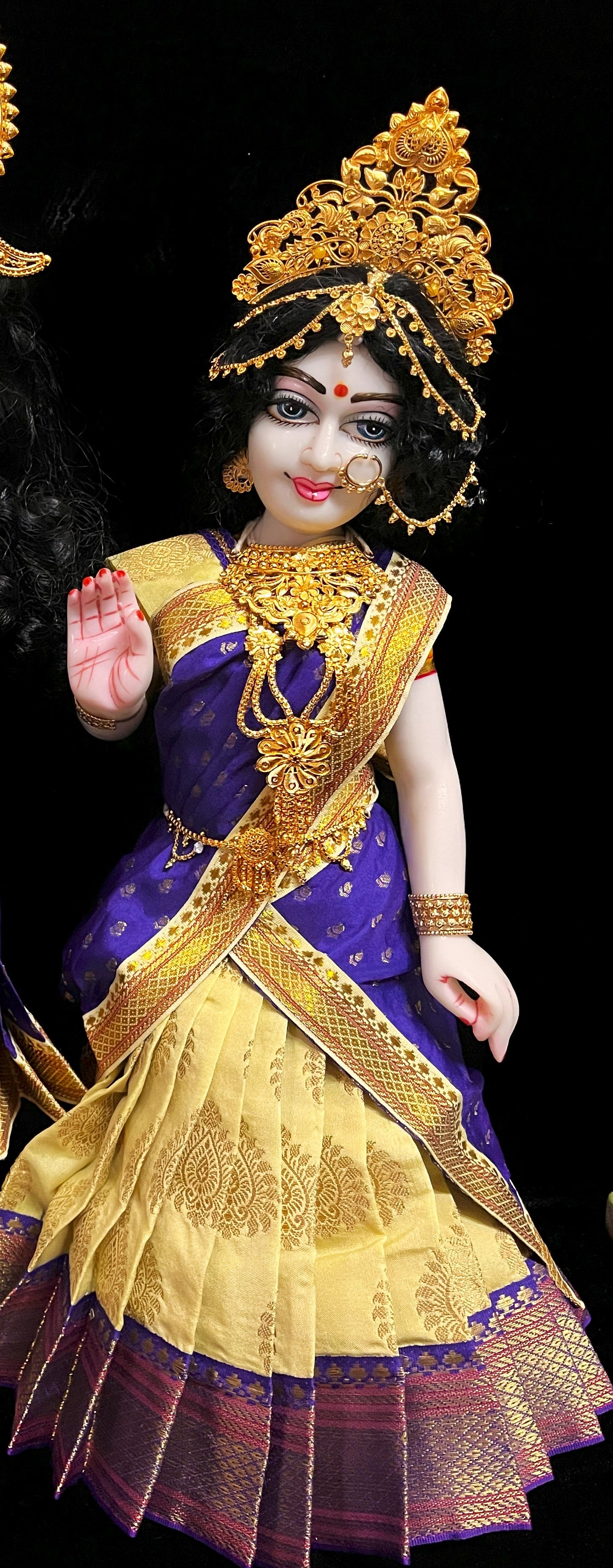 Deity half saree / lehenga patka made of Pastel Tapeta Silk Saree (Pure Silk) - Off white Lehenga with Purple  jari border and Purple dupatta 1