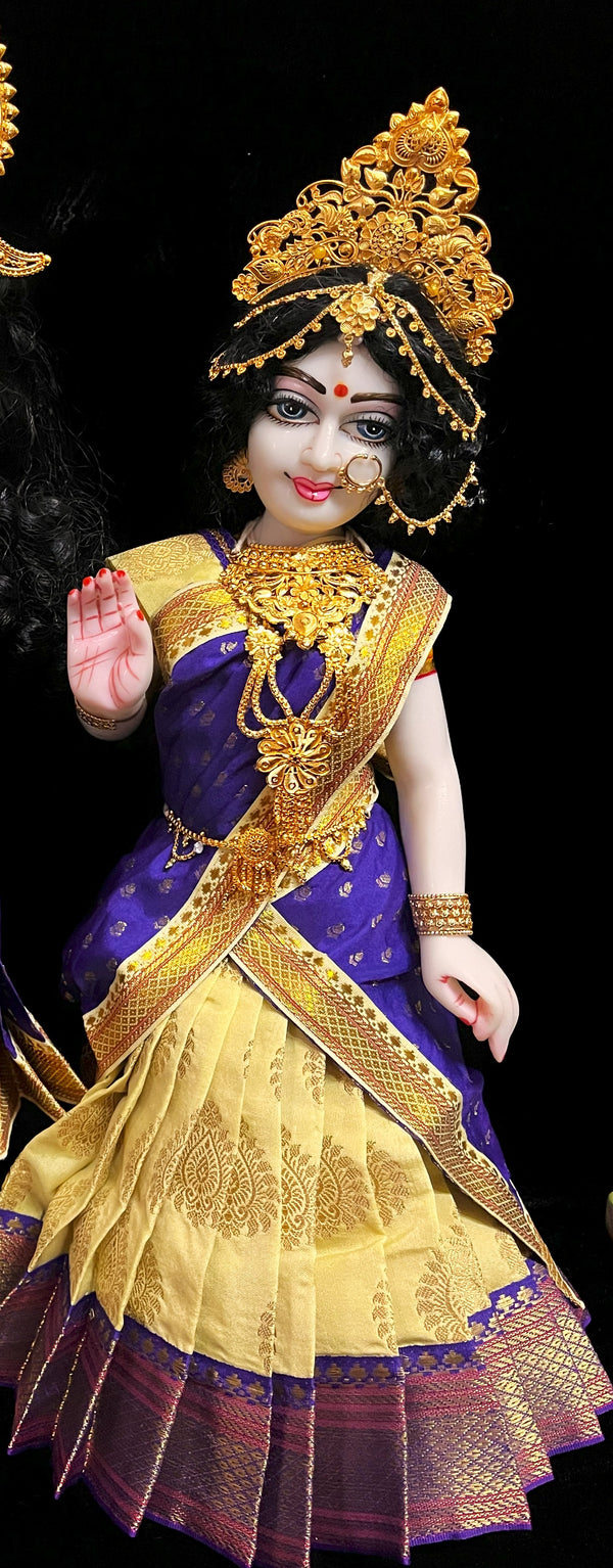 Deity half saree / lehenga patka made of Pastel Tapeta Silk Saree (Pure Silk) - Off white Lehenga with Purple  jari border and Purple dupatta