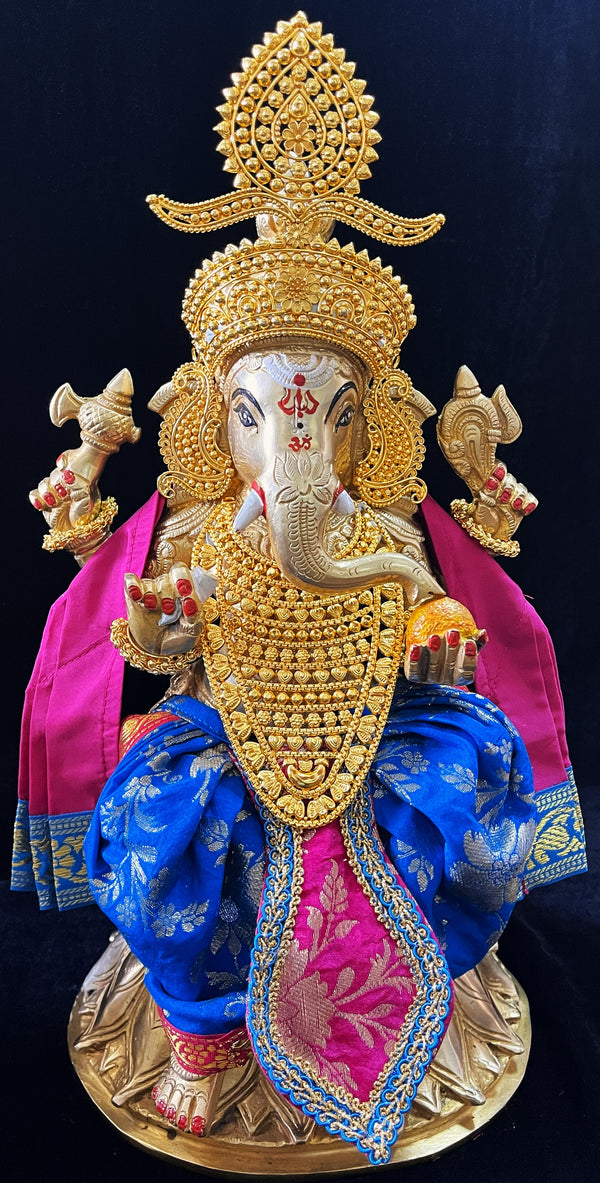 Deity Temple Style Dhoti made of Chanderi Zari Silk (Not Pure Silk) - Blue dhoti with Pink Border, Pink shalya and Pleat