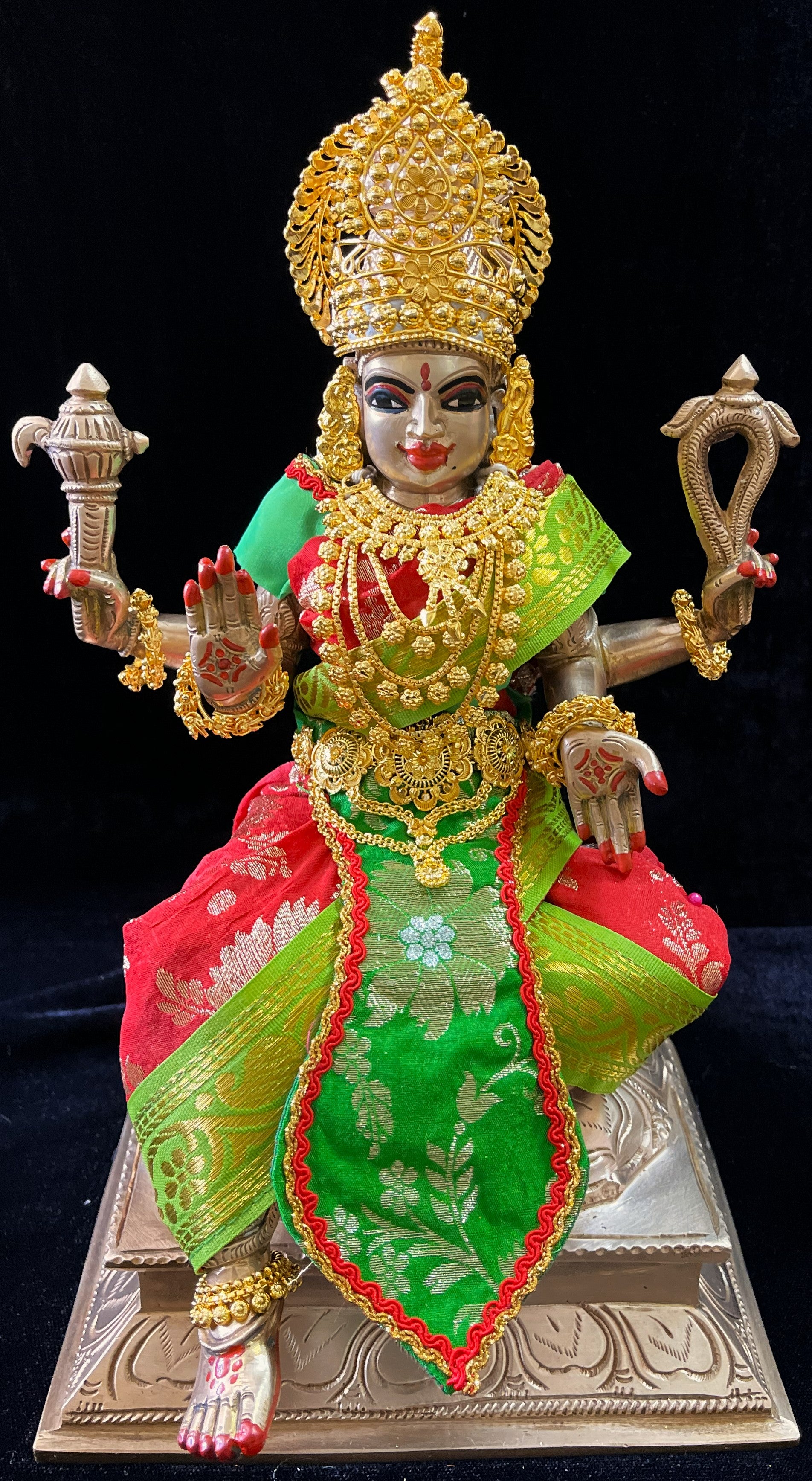 Deity Temple Saree Style Saree made of Chanderi Zari Silk (Not Pure Silk) - Red saree with Parrot Green border, Parrot Green blouse and pleat 1