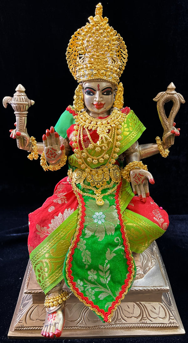 Deity Temple Saree Style Saree made of Chanderi Zari Silk (Not Pure Silk) - Red saree with Parrot Green border, Parrot Green blouse and pleat
