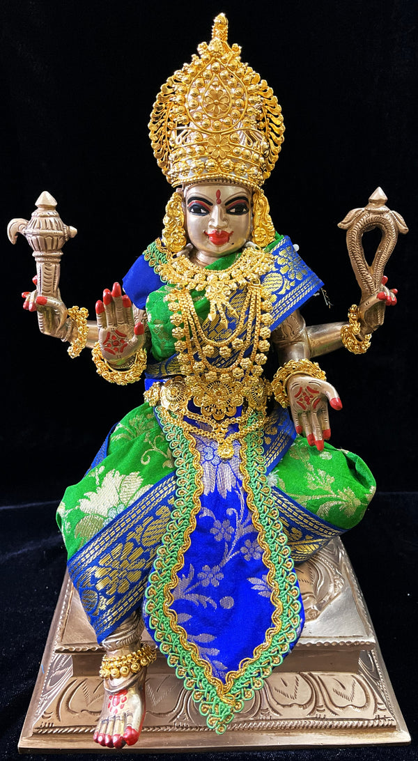 Deity Temple Saree Style Saree made of Chanderi Zari Silk (Not Pure Silk) - Parrot Green saree with Royal Blue Border, Royal Blue Blouse and Pleat